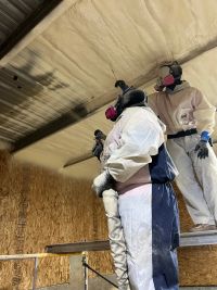 Two spray foam specialists spraying foam onto ceiling